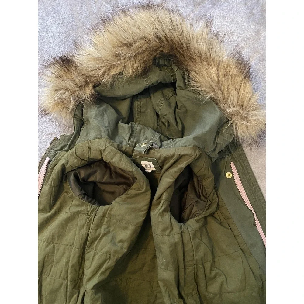 Gap Parka Coat Toddler Girls 2T Green Faux Fur Hood Canvas Lined‎ Zip Pockets